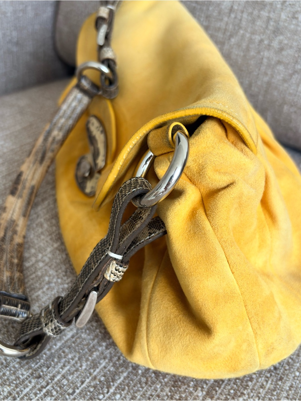 Vintage PRADA Yellow Suede Shoulder Bag with Exotic Leather Strap